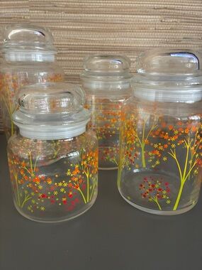 Vintage Anchor Hocking Fall Autumn Colorful Trees Glass Canister Boho